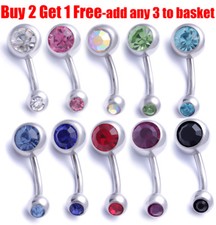 Surgical Steel Silver Navel Button Bar Belly Bars Ring Double Crystal Piercing