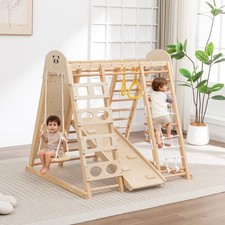 GALACTICA Wood 9-in-1 Climbing Frame with Slide, Swing, Rope Ladder, Monkey Bars