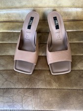 M&S Wide Fit Leather Kitten Heel Mules Shoes Beige Size 5 W