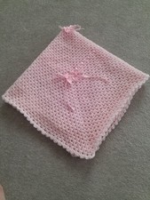 Hand Crochet Pink Baby Blanket With Ribbon And Ribbon Bows. 32 Inches Square