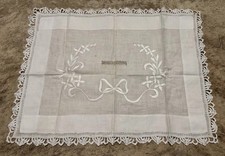 Antique Hand-Embroidered Whitework Tray Cloth 1910–30, Floral Design, Lace Trim