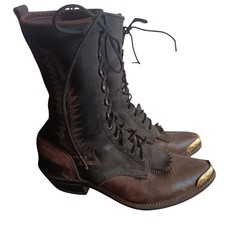 Vintage Women's Boots 9M Rancher Cowgirl Packer Lug Lace-Up Western Gold Caps