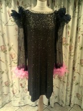 Drag Queen Black/Gold glitter SHORT Dress with pink feathers   size:18/20