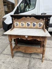 Victorian Pine Farmhouse Wash Stand with Tiled Back & White Marble Top Antique
