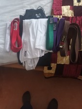 Mens karate suit white top with black trousers comes with brown belt Purple belt