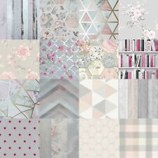 Grey Blush Pink Rose Gold Geometric Floral Wood Panel Trellis Feature Wallpaper