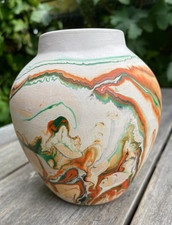 Nemadji Pottery Vase Green & Orange Swirls Native American Abstract Art