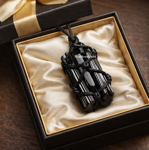 Raw black tourmaline pendant - black,