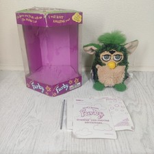 Vintage 1998 Turtle Furby Green & Black Stripe Grey Eyes Tiger Electronics Box