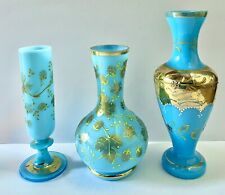 Antique Three French Blue Turquoise Opaline Moser Gilded Gold Bud Vases  c1890