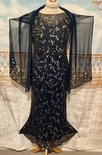 Dress 14 16 Blue Silk & Wrap Beaded Sequin Jacques Vert Vintage Evening Bias Cut