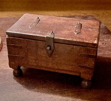Vintage Indian Wooden Box Rustic  Handmade Metal Fittings Footed 18cm