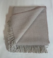 PURE WOOL Fringed Throw/Blanket/UK WOVEN.Natural/Light Beige Herringbone. Free P
