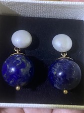 Lovely 9ct Gold Huge 18mm Lapis Lazuli 10mm Mabe Pearl Dangle 3cm Drop Earrings 