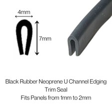 SMALL NEOPRENE BLACK RUBBER U-CHANNEL EDGE TRIM SEAL - FITS PANELS FROM 1MM-2MM