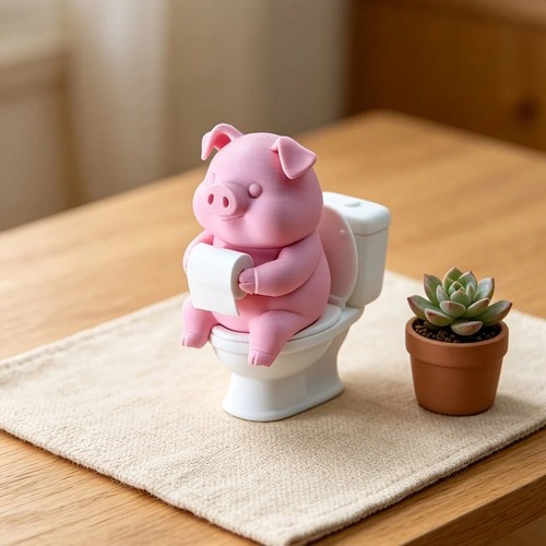 Cute pig sitting toilet - pig, on