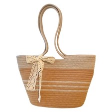 Tote Bag with Bow Woven Straw Summer Shoulder Beach Bags Shopping Handbag Stripe