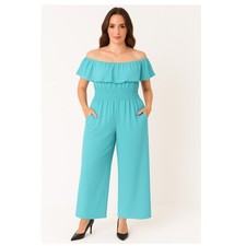 Womens Off Shoulder Frill Jumpsuit Wide Leg Magic Fit Elastic Waist Chiffon Styl