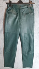 Green Real Leather Trousers W26 L30 UK 8 High Rise Moto Zip Pocket Biker Style 