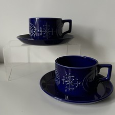 2 Portmeirion Pottery TOTEM Blue Tea Cups (Drum Shape) & Saucer Dishes Vintage