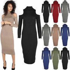 Womens Drop Shoulder Jersey Dress Womens Turtle Neck Celebrity Inpired  Midi Top