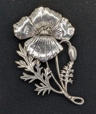 Vintage Signed MASJ (Silver Scenes Wales) XL Silver Plated Poppies Flower Brooch