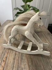 WOODEN WHITE WASH ROCKING HORSE ORNAMENT HAIR MANE VINTAGE SWEDISH STYLE 29CM