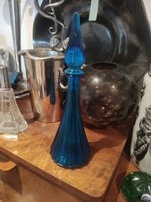 Vintage Blue Glass Empoli Style Genie Bottle & Stopper Mid Century Modern