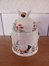 Acorn pottery honey pot with lid, bee and floral design, 11cm