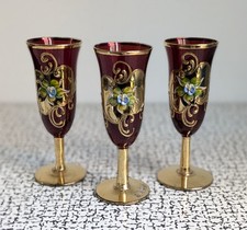 Vintage Red Murano 24K Gold Wine Glasses Flutes Enamel Hand Painted Italy Venice