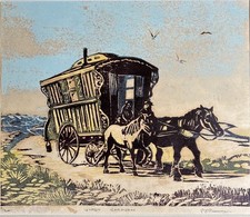 Woodcut Print, Gypsy Vardo. Wagon. Signed Bearman & Numbered 7/20.  22x26cm