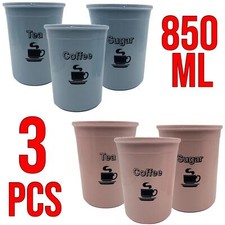 Tea Coffee Sugar Canister Set 3 Pc 850ml Plastic Round Airtight Seal Storage Jar