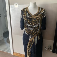 VINTAGE 80S SHOULDER PADS BLACK PENCIL CRUISE PARTY DRESS SILVER GOLD BEADING 12