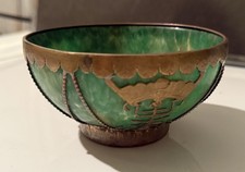 Antique Chinese Green Natural Jade Bowl Ornate Metal Trim