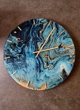 Turquoise blue gold marble effect glass wall clock 50cm
