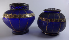 Antique Rose Bowls Art Nouveau Pair Cobalt Blue Gold Glass Flower Grid Vases