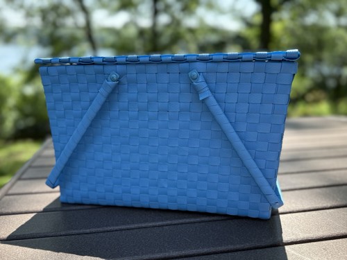 Blue woven market basket - basket, beach