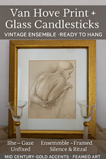 Vintage Francine Van Hove Print + 2 Glass Candlesticks – Framed Salon Ensemble