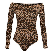 Womens Ladies Off Shoulder Long Sleeve Bardot Bodysuit Leotard Top Plain Stretch