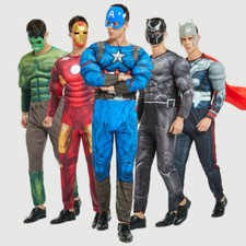 Adult Men's Superhero Costume Muscle Jumpsuit Mask Cape Thor Ironman Spiderman 1