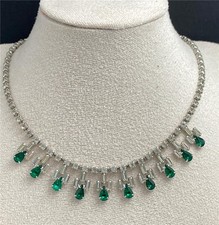 Vintage 50's Clear & Emerald Green Rhinestones Silver Tone Necklace 15"