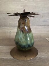 CANDLE HOLDER METAL LEAVES CERAMIC GAZED GREEN /BROWN PEAR COPPER EFFECT UNIQUE