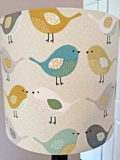 Lampshade Fryetts Birds Kissing Ochre Fabric Scandi Grey Mustard Teal Yellow cm
