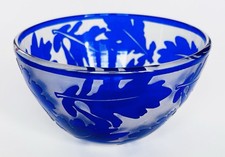 Contemporary Studio Glass, Cut to Clear Oak Leaf Pattern Small Bowl. Signed