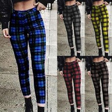 Womens Retro Plaid Print High Waist Pants Ladies Punk Gothic Slim Check Trousers