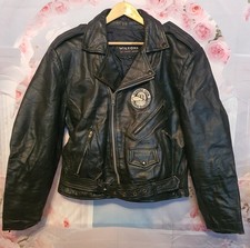 Wilsons Leather Mens Black Biker Jacket Size L Motorcycle Vintage Style Patch