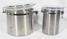 2 OGGI BRUSHED STAINLESS STEEL AIRTIGHT CANISTERS 8" & 5" DIAM X 7.5" TALL