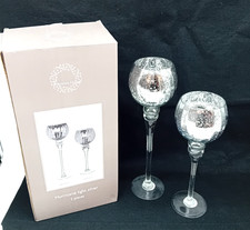 CHRISTMAS HOUSE HURRICANE LIGHT SILVER GLASS PAIR OF ORNAMENTAL BOXED