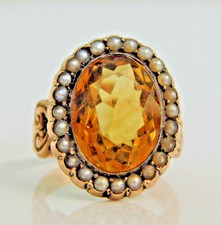 STUNNING LARGE ANTIQUE GEORGIAN 15ct ROSE GOLD CITRINE SEED PEARL RING Size O