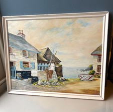 Original Oil on Board Cornish Seaside Cottages Signed Vintage.